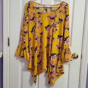 Bobbie Brooks Boho Yellow Floral Ruffle Sleeves Handkershift Hem Flowy Top 1X